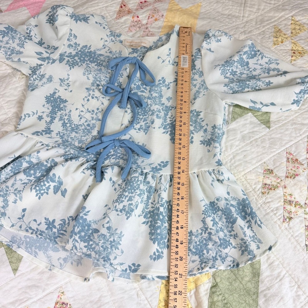 Monteau Los Angeles Floral Tie Front Peplum Blouse Blue Cream Small - Picture 9 of 9